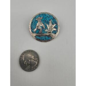 Vintage Mexico Sterling Silver Cactus Inlaid Turquoise Round Brooch or Pendant